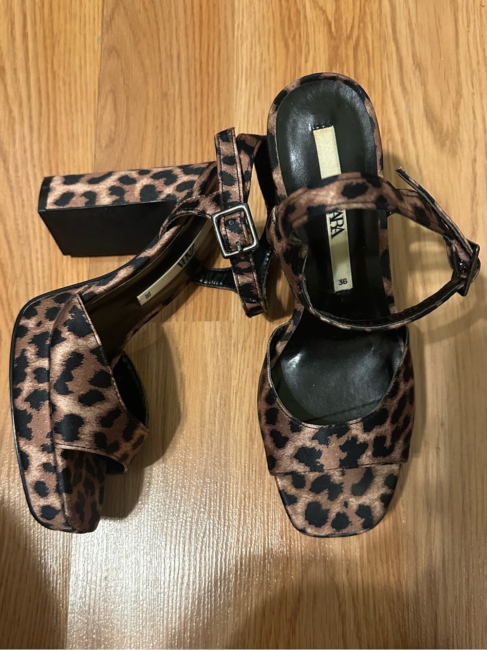 Zara Leopard Satin Print Platform Block Heel Sandals - Brown/Black